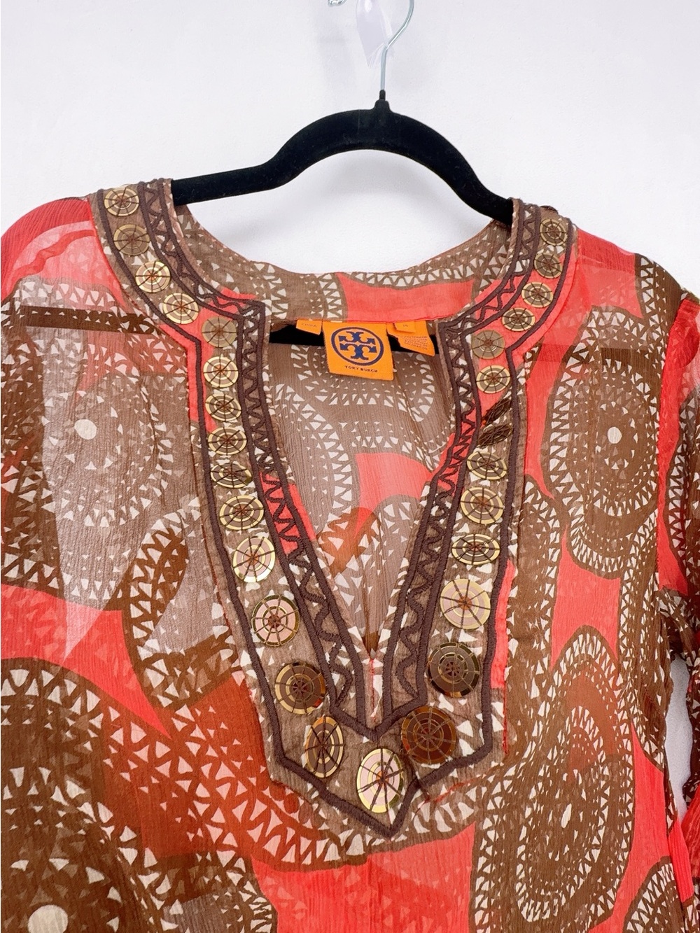 Tory Burch 100% Silk Chiffon Medallion Beaded Tunic Blouse Orange Brown size 14 - Picture 6 of 7